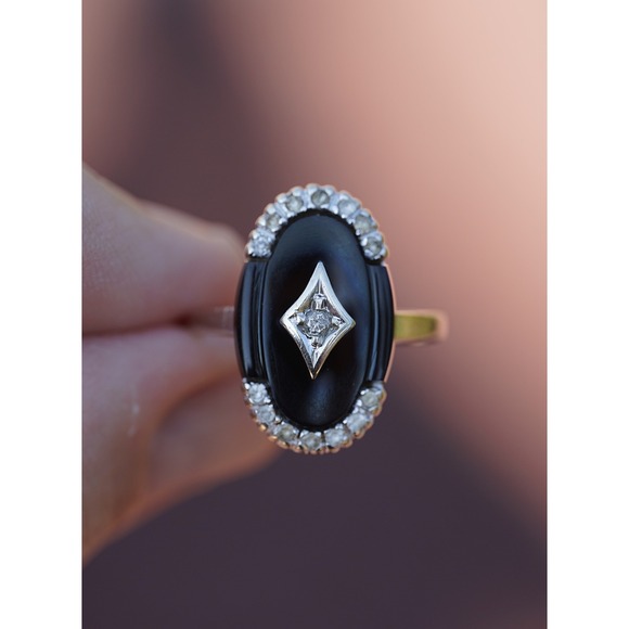 Antique 10k Solid White Gold Natural Diamond Sapphire &‎ Onyx Ring - Size 6.5